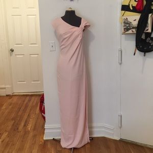 Long pink asymmetrical Grecian wrap dress